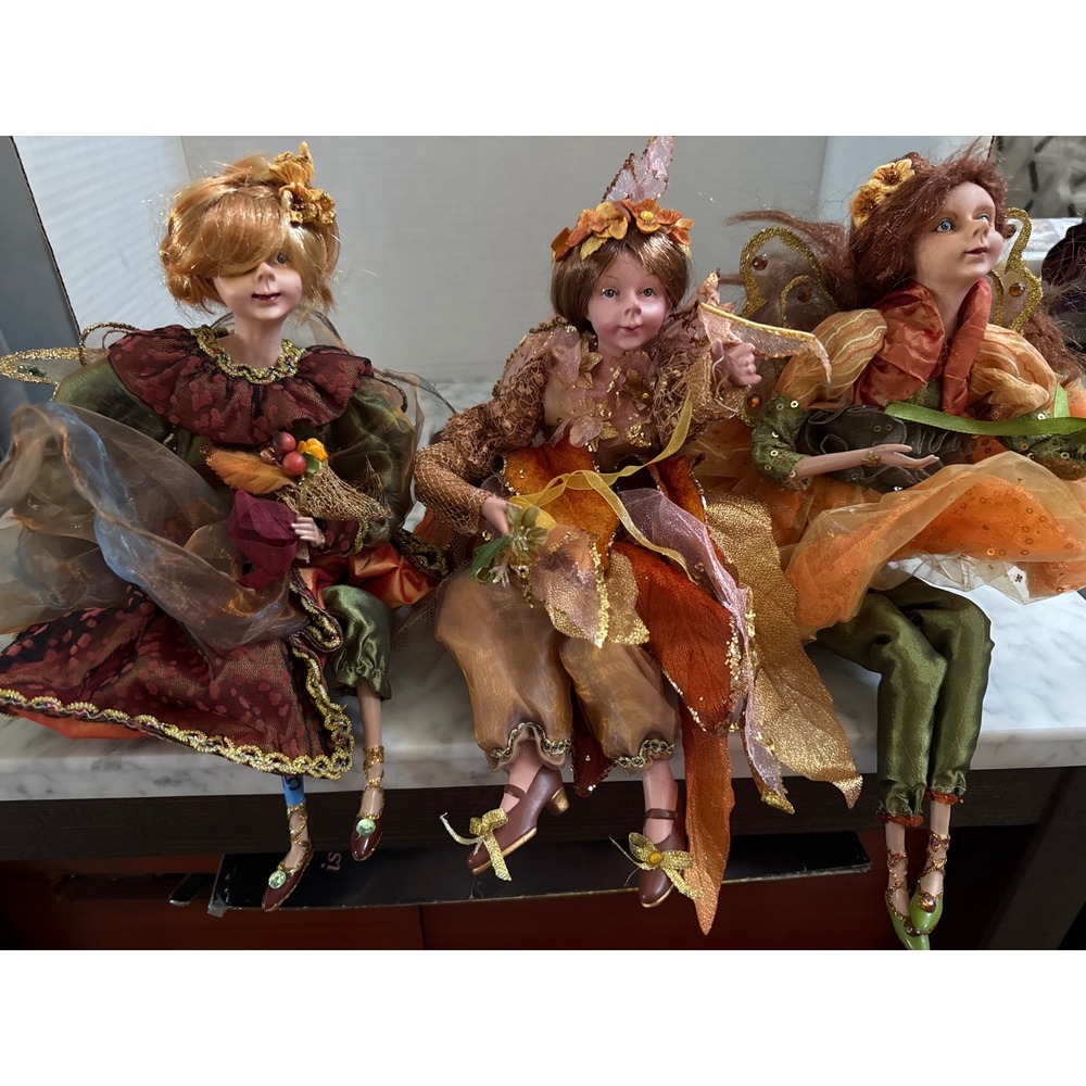 Autumn Harvest Fairy Shelf Sitter Dolls Orange Green Gold 14 Inch Set of 3